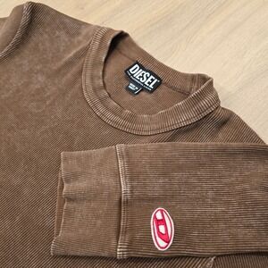 Diesel Sweater Ribbed Knitwear Mens  Medium Brown with Red Sleeve Logo